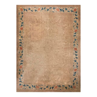 1920s Beige Floral Greek Key Antique Chinese Art Deco Rug 9' 0'' X11' 8'' Knotted Wool Carpet For Sale