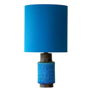 Aqua and Brown Ceramic Table Lamp with Blue Silk Lampshade attributed to R. Houben for Bitossi, 1970 For Sale