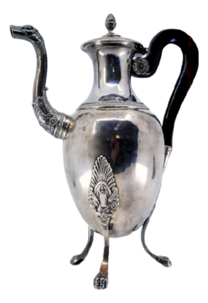 Silver Coffee Pot with Grooved Body and Lid and Chestnut Wood Handle