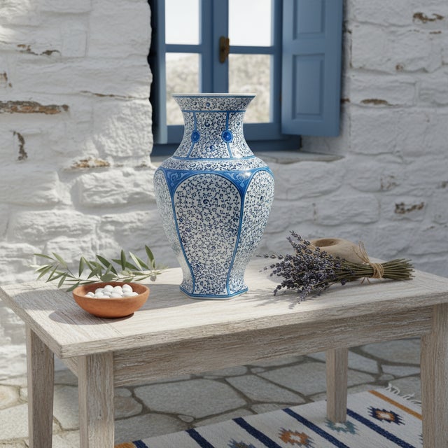 Handmade Ceramic Iznik Vase (Faceted Form) Blue Golden Horn (Halic) Style Scroll Pattern For Sale - Image 6 of 8