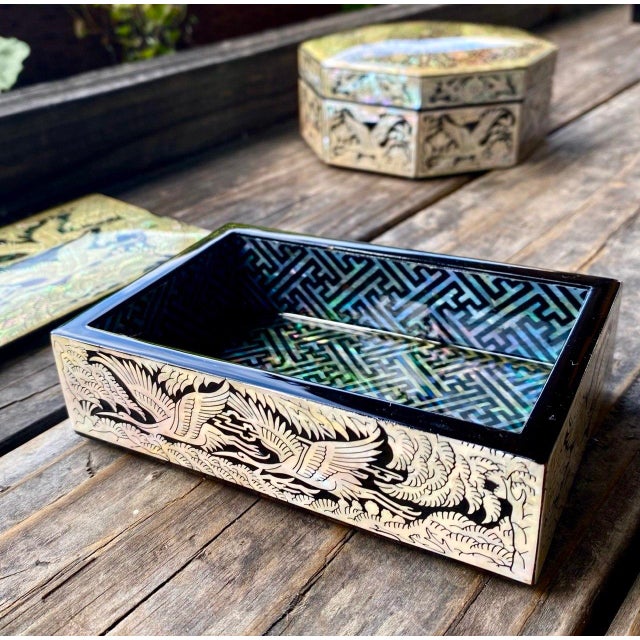 Wood Korean Najeonchilgi Mother-of-Pearl Crane & Pine Lacquer Box, ImArt For Sale - Image 7 of 13
