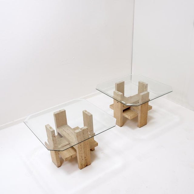 Glass Vintage End Tables in Travertine and Glass by Willy Ballez, 1970s, Set of 2 For Sale - Image 7 of 14
