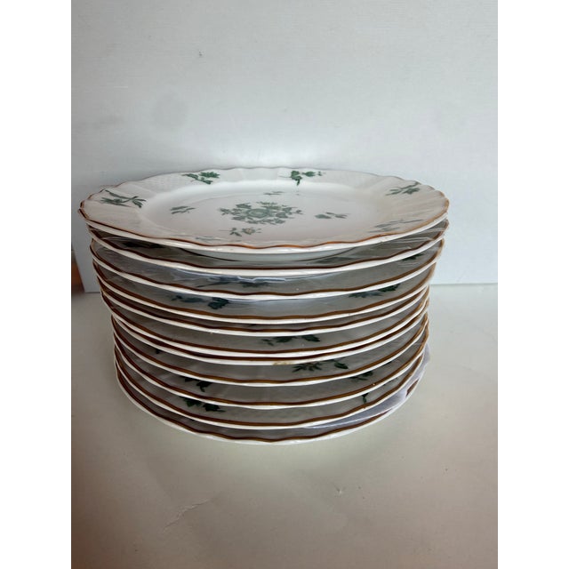 Limoges, France Mid 20th Century Bernardaud Limoges for Le Vase Étrusque — Green Floral & Gold Dessert Plates, Set of 11 For Sale - Image 4 of 5