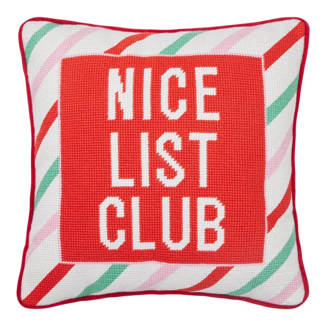 Nice List Club Embroidered Needlepoint Pillow, 12" x 12" For Sale