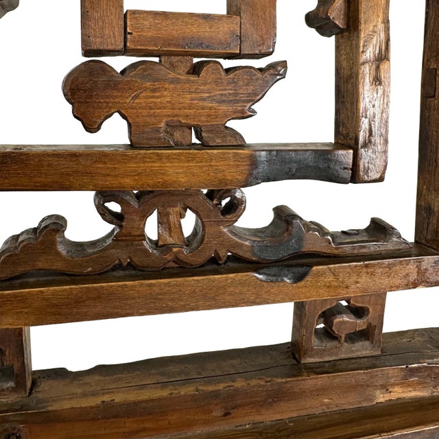 Large Antique Asian Carved Elm Four Panel Folding Screen Room Divider For Sale - Image 13 of 18