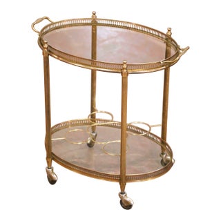 Mid-Century French Brass Oval Bar Cart With Bottle Holder and Glass Shelf For Sale