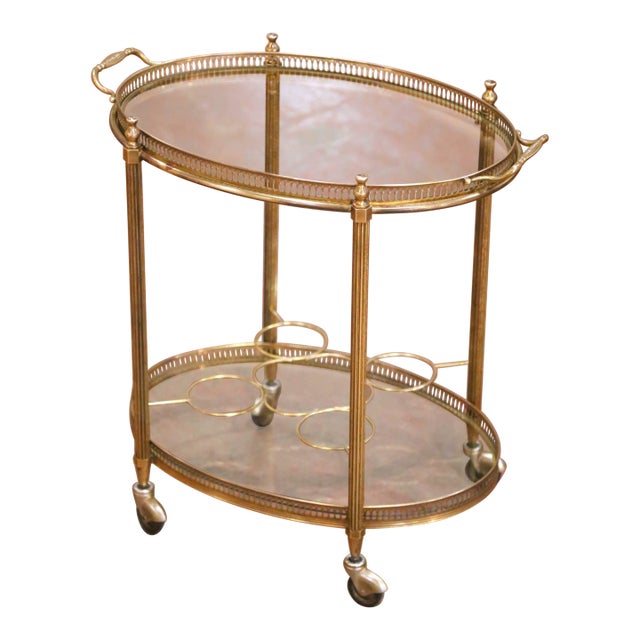 Mid-Century French Brass Oval Bar Cart With Bottle Holder and Glass Shelf For Sale