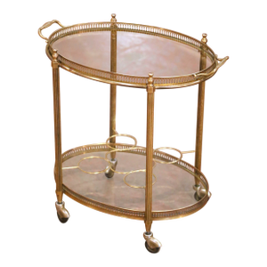 Mid-Century French Brass Oval Bar Cart With Bottle Holder and Glass Shelf