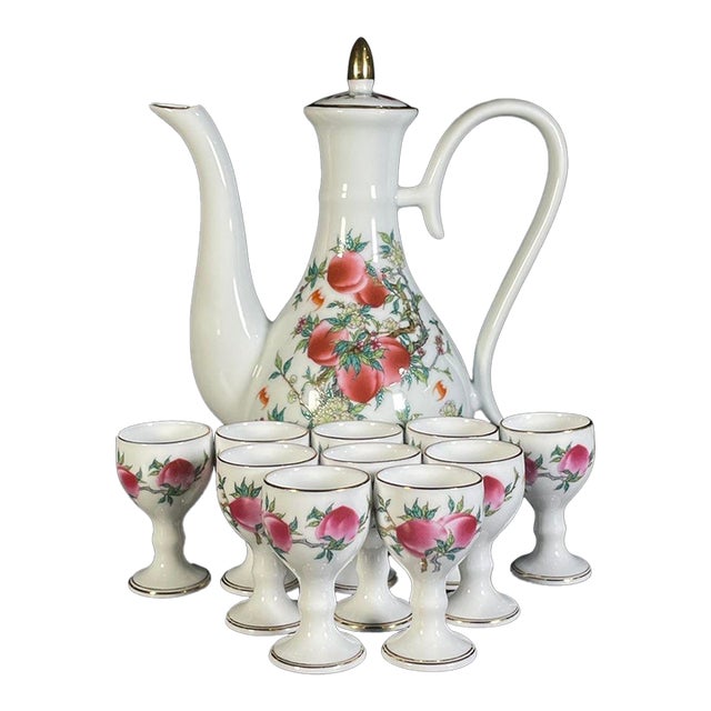 Late 20th Century Chinese Famille Rose Porcelain Tea Set With Peach Motif - 11 pcs For Sale