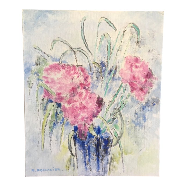 Vintage French Original Pink Floral Oil Painting For Sale