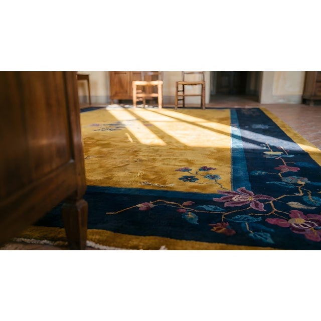 Textile 1920s Gold Floral Modern Antique Chinese Art Deco Rug 9'0" X 11'4" Hand Knotted Wool Carpet For Sale - Image 7 of 9