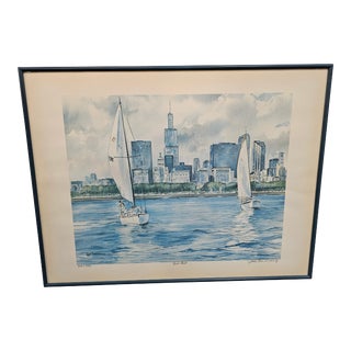 80’s Postmodern Signed and Numbered Print of Sailboats in Lake Michigan With Chicago in the Background, Framed For Sale