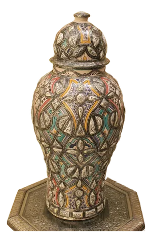 Tall Hand Painted Moroccan Resin and Metal Inlay Vase / Urn