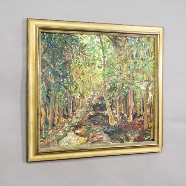Forest Path – Oil Painting by Alexander Michael, 1972 This atmospheric painting portrays a sun-dappled forest path,...