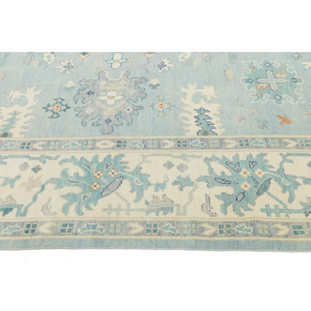 Hand-Knotted Modern Oushak Wool Rug in Soft Sky Blue, Cream & Muted Teal For Sale In New York - Image 6 of 12