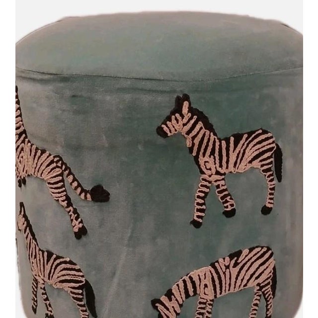 Art Deco Ottoman Velvet Aqua Blue Zebras Embroidered Wood Feet Adult Child Tribal Jungle For Sale - Image 11 of 14
