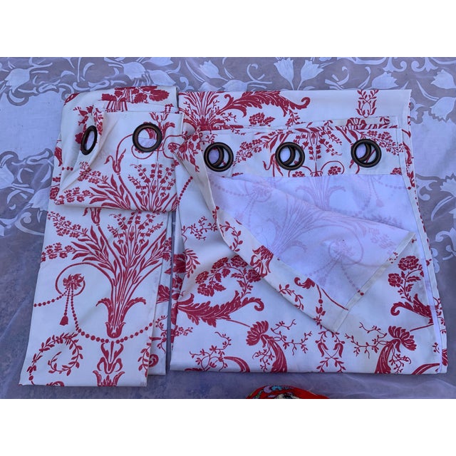 French Country Vintage 1980s Laura Ashley Red Toile Flower Bouquet Curtains- a Pair For Sale - Image 3 of 12
