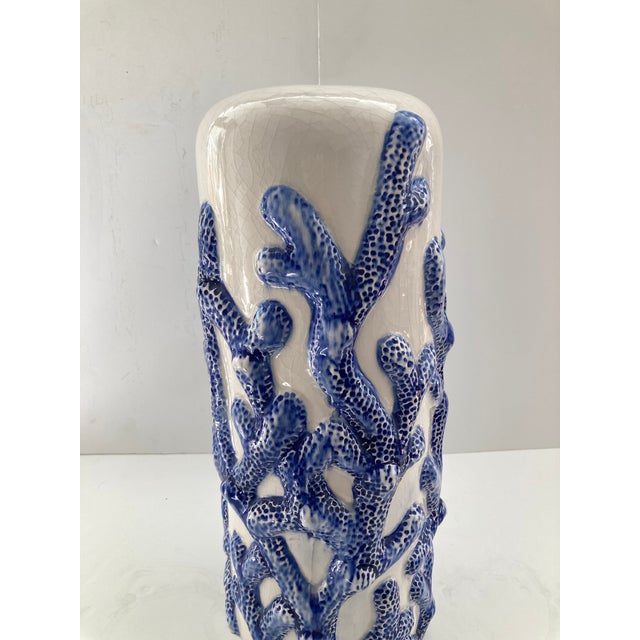 2000 - 2009 Blue Coral on White Glazed Ceramic Vase For Sale - Image 5 of 9