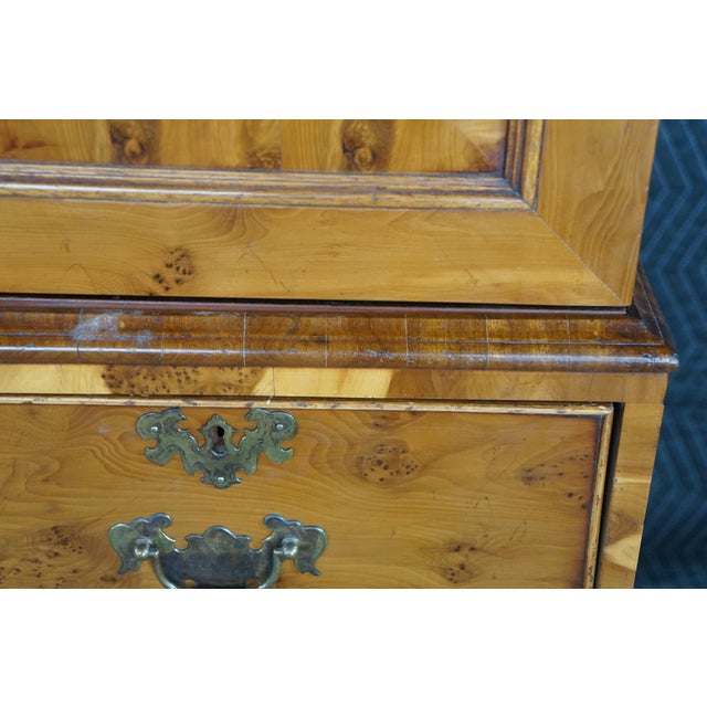 Antique English George II Style Oyster Burl Yew Cabinet on Chest Linen Press 80" For Sale - Image 11 of 18