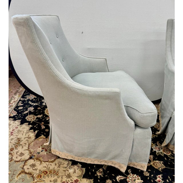 Blue Pair of Custom Light Blue Linen Skirted Slipper Chairs For Sale - Image 8 of 8