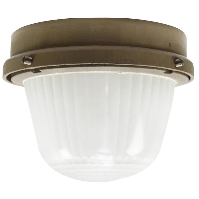 Vintage French Industrial Beige Cast Iron and Frosted Cut Glass Flush Mount from Holophane For Sale