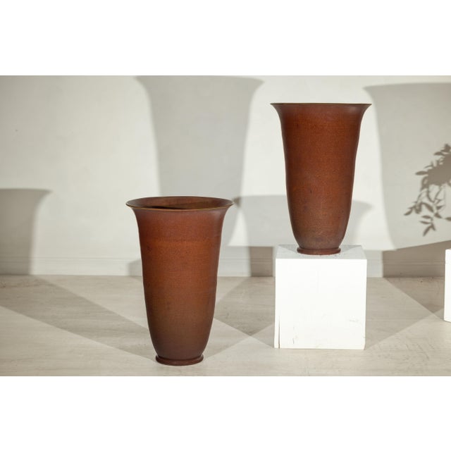 Contemporary Artisan Ceramic Vases with Warm Brown Glaze and Subtle Red Undertones - A Pair For Sale - Image 3 of 18