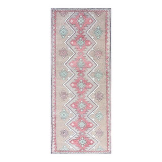 Mid 20th Century Mid 20th Century Turkish Tulu Runner With Geometric Medallions in Vivid Coral Tan and Mint Green For Sale