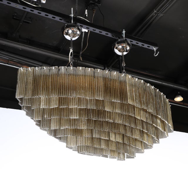 Dark Green Modernist Hand-Blown Murano Glass 6-Tier Oblong Reeded Paneled Glass Chandelier For Sale - Image 8 of 18