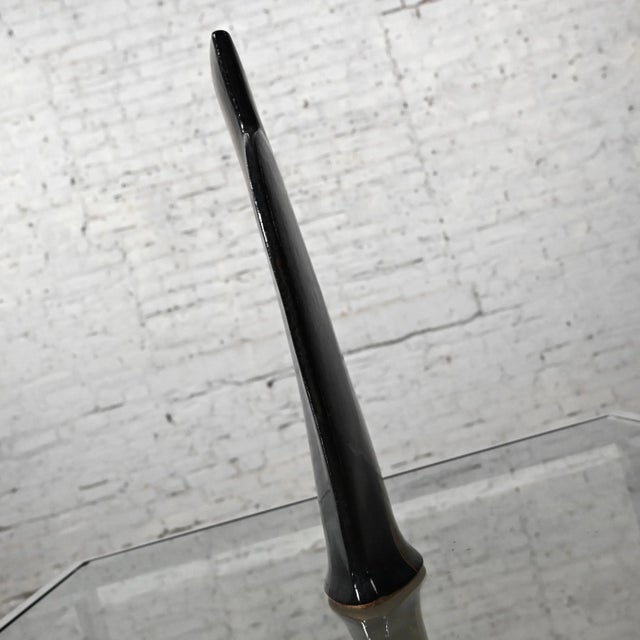 Late 20th Century Modern to Postmodern Glazed Stoneware Pottery Flattened Vase Dark Blue With Center Stripe For Sale - Image 9 of 12