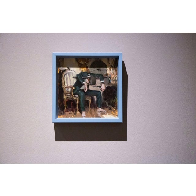 Early 21st Century Something in the Way by Nadezda | Oil on panel of a man slumped in a chair with a gramophone nearby For Sale - Image 5 of 5