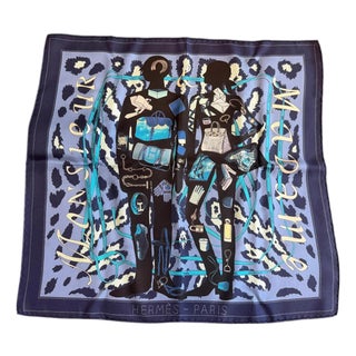 A 2000s Monsieur Et Madame Blue Silk Square Scarf by Hermès For Sale