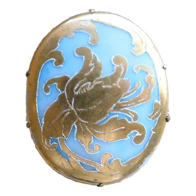 Limoges Hand-Painted Art Nouveau Aqua Porcelain and Gold Leaf Oval Antique Brooch Pin For Sale