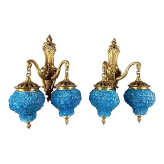1980 French Louis XVI Bronze Blue Crystal Wall Lamps Sconces - Pair of 2 Pc For Sale