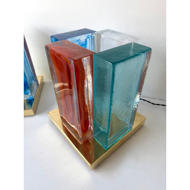 Contemporary Pair of Lamps Cubic Pennellate Murano Glass and Brass, Italy For Sale - Image 10 of 13