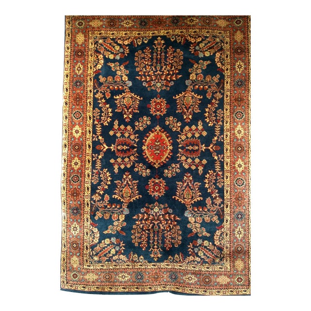 Antique Persian Mahajiran Sarouk Area Rug, Hand-Knotted Wool, Allover Floral Pattern, Navy & Red, 4x6 For Sale