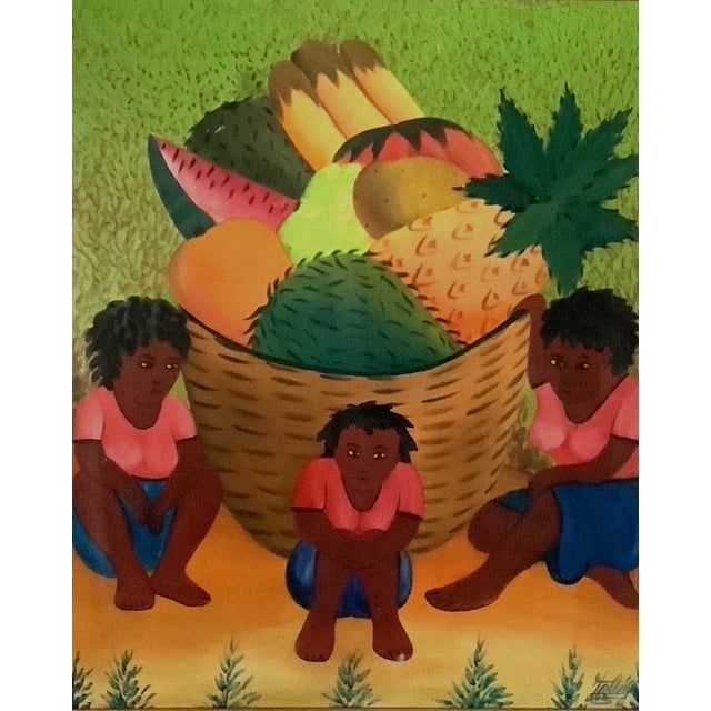 Oil Painting work of Haitian Naive Art Chldren and Fruits Oil on board Signed Size: 24 x 20 in Frame 26 x 22 in,