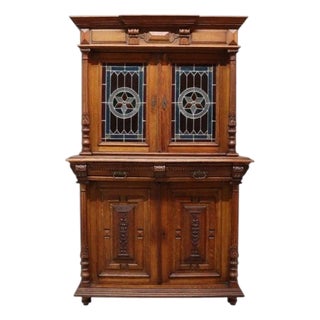 Continental Gothic Carved Oak & Stained Leaded Glass Court Cupboard C1900 For Sale