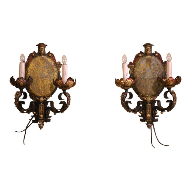 Pair of Mid-Century American Renaissance Revival Iron Two-Light Sconces For Sale