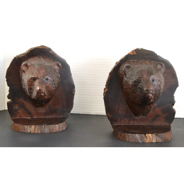 Vintage Pair of Hand Carved Grizzly Bear Solid Wood Bookends Rustic Edwardian For Sale - Image 10 of 10
