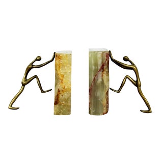 Mid Century Modern Pair of Brass Figures & Marble Bookends- A Pair For Sale