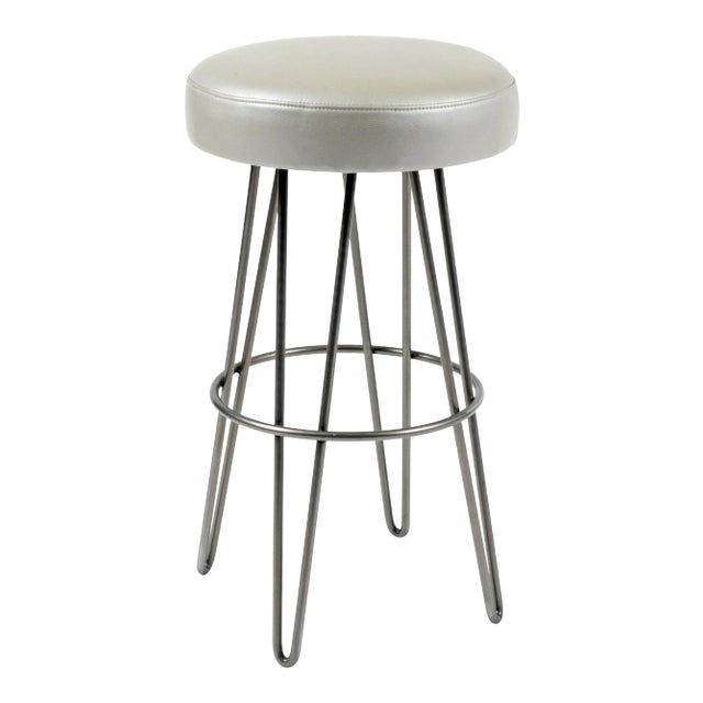 Silver Grey Leather Hairpin Swivel Barstool For Sale