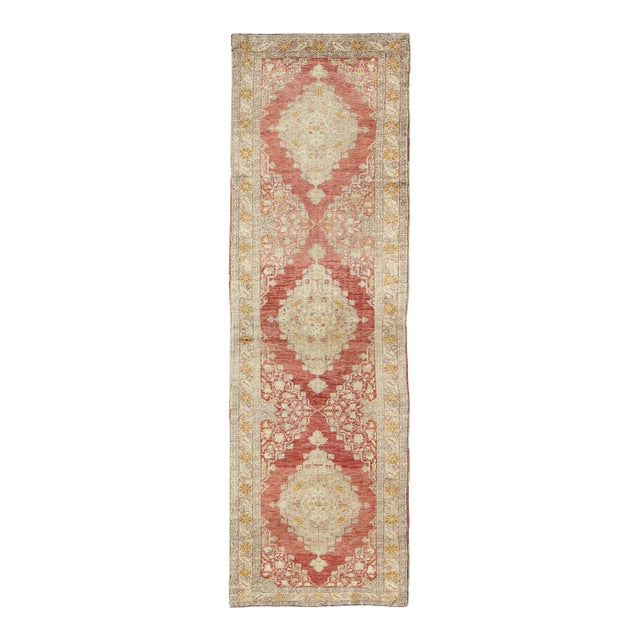 Antique Turkish Oushak Runner With Faded Red Medallions and Soft Ivory 3'2"x10'6" For Sale
