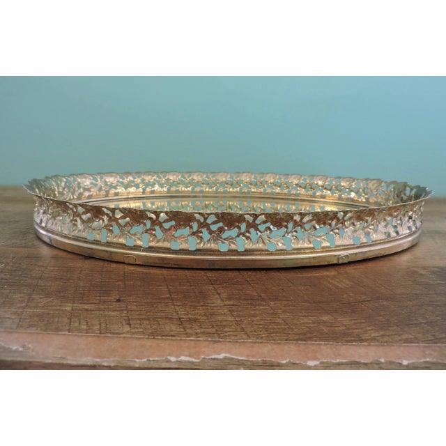 Vintage Metal Filigree Large Oval Mirror Vanity Tray Brass Finish For Sale - Image 15 of 18