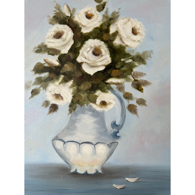Vintage J. Melvin Still Life of White Roses in a Vase Oil Painting, Framed For Sale - Image 9 of 12