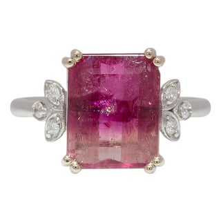 5.1cts Bi-Color Tourmaline Ring With Natural Diamonds Accents: Solid 14k Gold, Size 6.75 For Sale