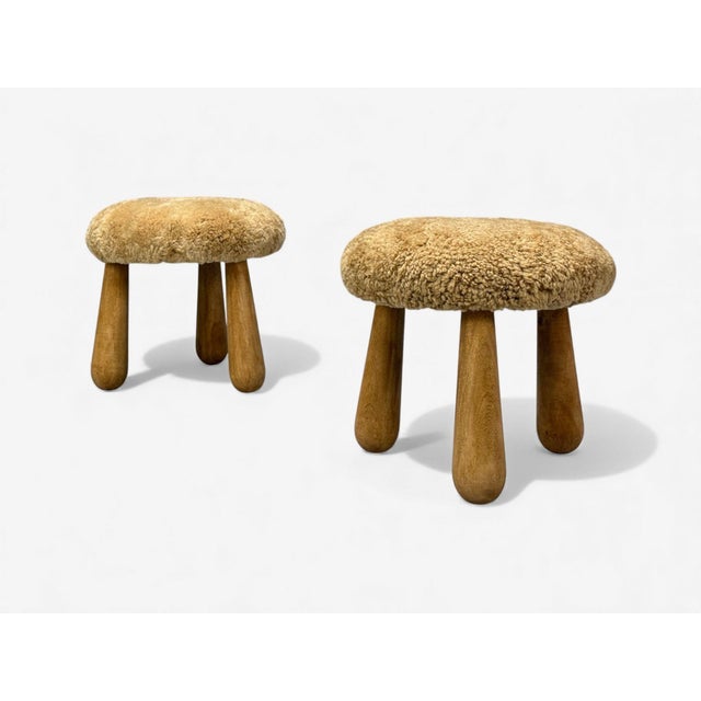 Mid-Century Modern Danish Modern Style, Honey Sheepskin, Maple, Shearling Footstools, Usa, 21st C. For Sale - Image 3 of 10