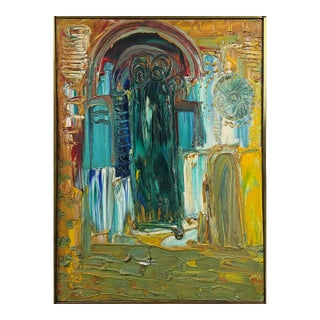 Vintage Abstract Expressionist Architectural Painting, Acrylic on Canvas For Sale
