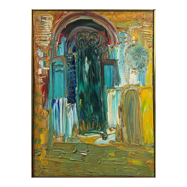 Vintage Abstract Expressionist Architectural Painting, Acrylic on Canvas For Sale