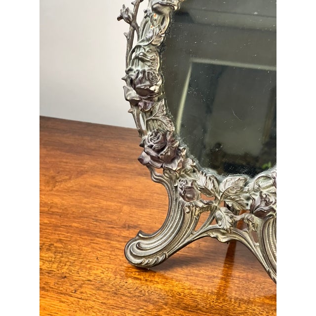 1900 - 1909 Antique Art Nouveau Silvered Cast Brass Rose Vanity Dressing Mirror, Dated 1909 For Sale - Image 5 of 10