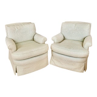 Custom Damask Upholstered Club Chairs - a Pair For Sale